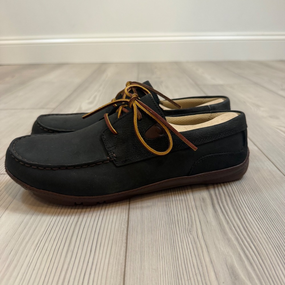 NEW OluKai Mano Black Kona Coffee Waterproof Leather Boat Shoes Mens 8.5